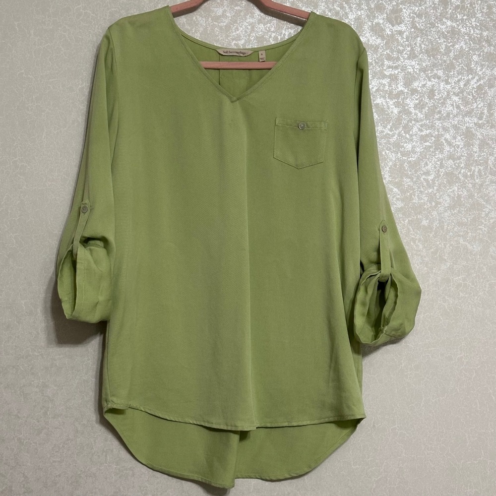 Soft Surroundings Sz S Blouse Top Roll Tab Sleeve Green V-neck Soft Tencel Tunic